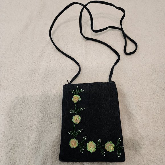 Dark blue jean child crossbody embellished flowers & small pink clutch purse - Picture 1 of 6